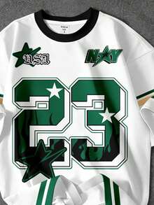 SHEIN EZwear 休闲简约圆领短袖宽松女式T恤，街头运动23号印花 - 彩色 - 查看 3