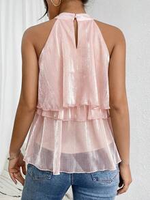 Firerie Loose Neck Ruffle Asymmetrical Chiffon Blouse - Pink - View 2