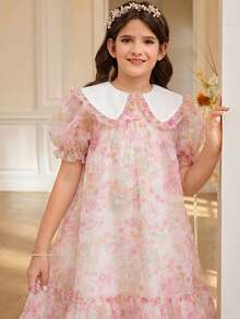 SHEIN Tween Girl Loose Cute Collared Floral Organza Short Sleeve A-Line Dress Tween Girl - Multicolor - View 4