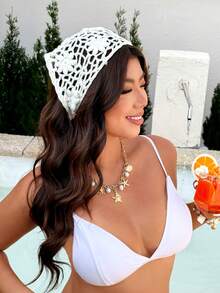 Swim Lushoire 优雅白色镂空针织钩编连体围裙，浪漫度假女式罩衫 - 白色 - 查看 5