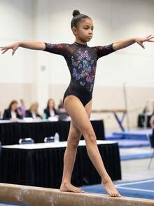 少女体操服，黑色网纱拼接彩色蝴蝶图案，弹力针织面料连体衣，适合户外运动，舒适亲肤训练服 - 黑色 - 查看 2