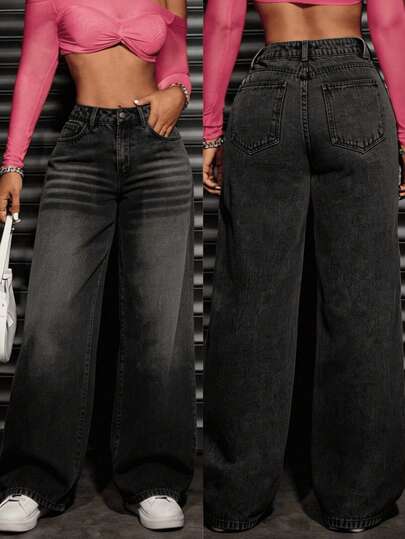 MJEN01 Pantalones vaqueros negros holgados para mujer, look diario Pantalones anchos con desgaste en tonos oscuros, estilo casual y moderno, perfectos para combinaciones versátiles