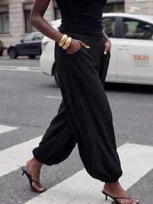 Maija Quần dài nữ màu trơn dáng rộng, có dây rút - màu đen - Xem 2