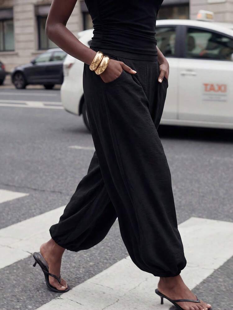 SHEIN Maija Spodnie, luźne, tkane, czarne, długie spodnie dresowe dla kobiet z gładkim wzorem i suwakiem