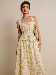 Poéselle 法式优雅黄色碎花吊带背心和半身裙两件套 - 黃色 - 查看 3