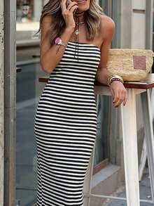 SHEIN Clasi Women's Black And White Striped Bandeau Maxi Dress,Summer Casual Strapless Bodycon Tube Top Dress For Vacation,Holiday Yacht Outfits,Stretchy Dress - Black and White - View 8