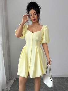 SHEIN Elenzya Women's Elegant Pale Yellow Summer Dress,Puff Sleeve Square Neck Waist Cinched Peplum Hem Short Dress,Casual Tea Party Beach Holiday Formal Dress - Yellow - View 5