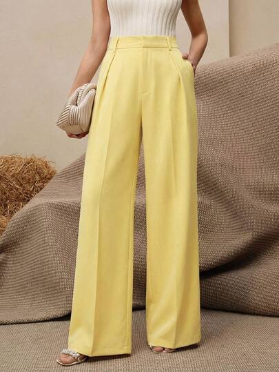 Anewsta Pantalones rectos de cintura alta con bolsillos plisados para mujer