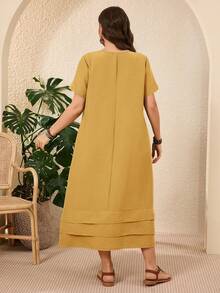 EMERY ROSE Plus Size Solid Color Short Sleeve Casual Vacation Dress Spring Outfits For Women Vacation Country Sage Green - Mustard Yellow - View 2
