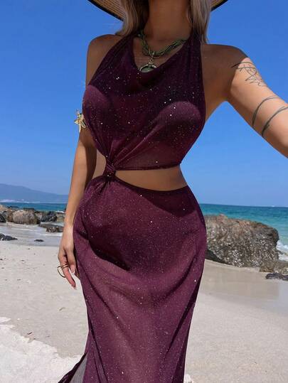 Livesso Conjunto de playa de top corto con cuello drapeado y espalda descubierta de tela con lentejuelas y falda larga, traje de baño casual y sexy