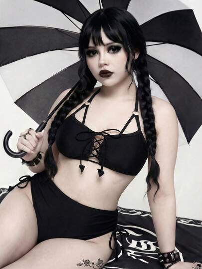 ROMWE Plus Size Sexy Gothic Style Summer Vacation Criss-Cross Halter Bikini Two Pieces Set