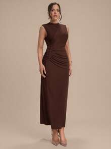Modelyn Vestido de cóctel elegante y versátil con cuello de tortuga sin mangas y plisado, para fiestas y vacaciones - Café integral - Ver 4