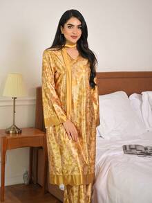 DAZY Bộ đồ ngủ nữ thanh lịch gồm áo dài tay và quần dài, họa tiết hoa jacquard. - Hồng - Xem 11
