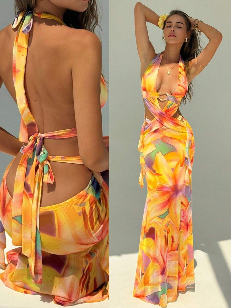 Aloruh Sexy Hollow-Out Crisscross Backless Tight Summer Holiday Dress For Women Yellow