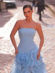 Aureia Elegant, Romantic, Fashionable Blue Elastic Fabric Organza Strapless Dress With Exaggerated Ruffle Hem, Elegant Party Dress, Wedding Guest Dress, Blue Dress, Fashionable And Elegant Bridesmaid Dress, Formal Evening Gown - Blue - View 3