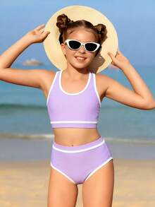 SHEIN Tween Girls' Summer Vacation Contrast Trim Halter Bikini Set - Purple - View 1