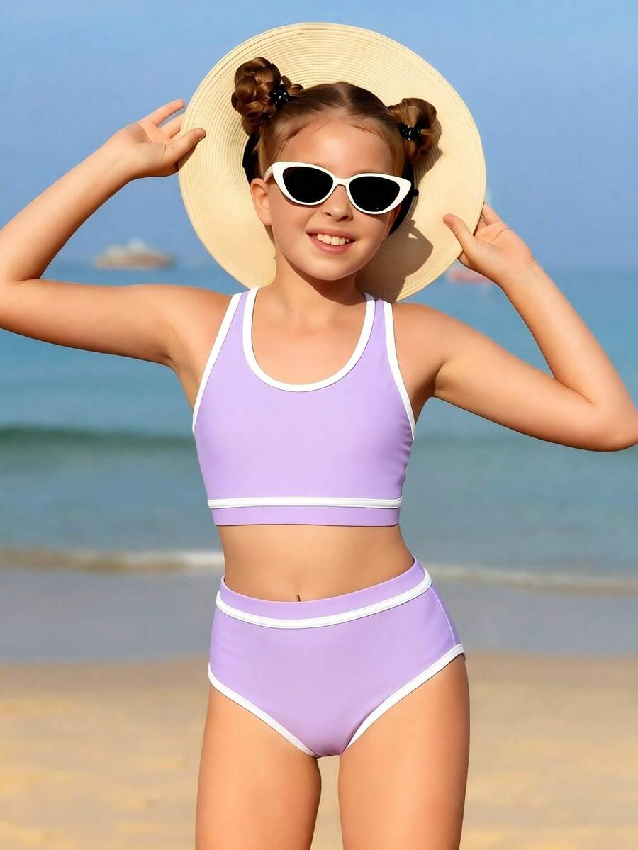 SHEIN Tween Girls' Summer Vacation Contrast Trim Halter Bikini Set - Purple - View 1