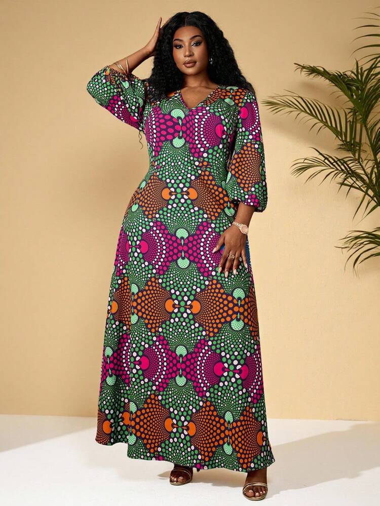 Plus Size Women Geometric Print V-Neck Lantern Sleeve Loose Vacation Dress