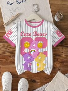 SHEIN X Care Bears 少女休闲条纹小熊印花圆领短袖T恤，夏季 - 白色 - 查看 1