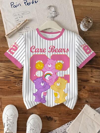 SHEIN X Care Bears 少女休闲条纹小熊印花圆领短袖T恤，夏季