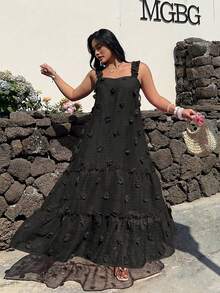 Sunnyshic 大码方领吊带A字连衣裙，度假风 - 黑色 - 查看 4