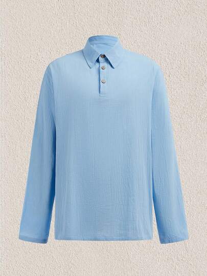 Mercer Haus Men's Lightweight Loose Linen Long Sleeve Polo Shirt For Spring/Summer, Half-Placket Button Design, Breathable & Comfortable, Suitable For Beach, Outdoor Activities, Family Gatherings (Note: White, Light Blue, Etc. Are Slightly Sheer; European And American Sizes Run Large, Recommend Ordering One Size Down)
