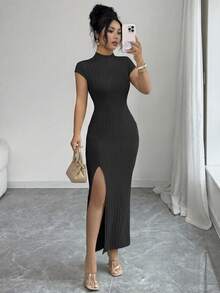 Elenzga Đầm dài nữ thanh lịch, thoải mái, thích hợp cho công sở, với cổ đứng, tay raglan, chất liệu gân, đường may eo, xẻ tà bên. - màu đen - Xem 4