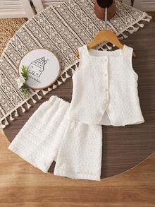 2件套女童蕾丝提花针织背心上衣和短裤，两件套 - 白色 - 查看 1