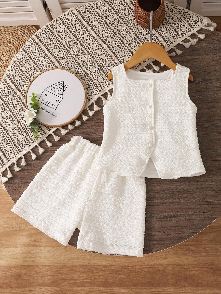 2件套女童蕾丝提花针织背心上衣和短裤，两件套 - 白色 - 查看 1