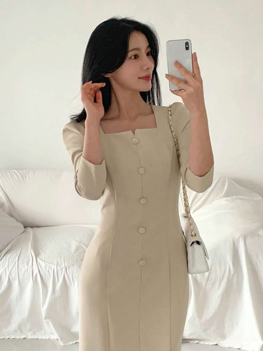 DAZY Women's Square Neck Fitted Waist Short Sleeve Midi Commuter Dress - Khaki - View 1