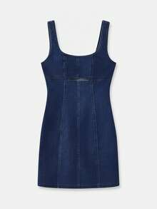 lacRébo Vestido corto de mezclilla sin mangas con corte, estilo francés y parisino para primavera y verano - Azul lavado oscuro - Ver 6