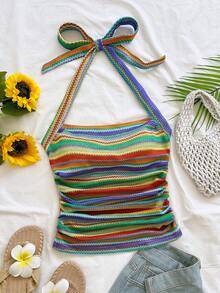 Soleia Women's Vacation Halter Tie-Up Striped Fitted Camisole, Suitable For Holiday, Date, Afternoon Tea, Music Festival, Bohemian Style - Multicolor - View 5