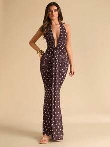 SHEIN BAE Đầm đuôi cá cổ yếm cổ chữ V sâu chấm bi dành cho nữ, đầm chấm bi, đầm thanh lịch, đầm đi nghỉ mát, đầm xuân/hè. - màu nâu - Xem 5