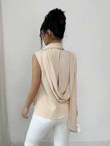 Rafferiza Blusa Elegante de Cor Sólida com Laço no Pescoço para Uso Diário - Damasco - Visão 2