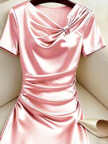 Franclia 女士优雅扭结设计短袖连衣裙，适合日常通勤和约会 - 粉色 - 查看 4