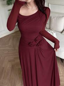 Feyla Women's Solid Color Asymmetric Shoulder Long Sleeve Floral Decor Elegant Dress - Burgundy - View 6