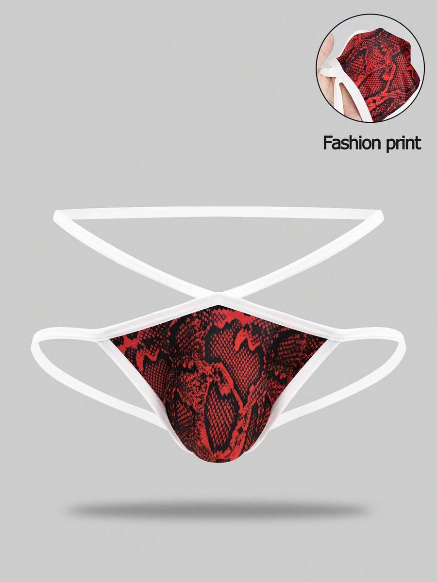 男士蛇皮印花镂空性感三角裤 - 紅色 - 查看 1