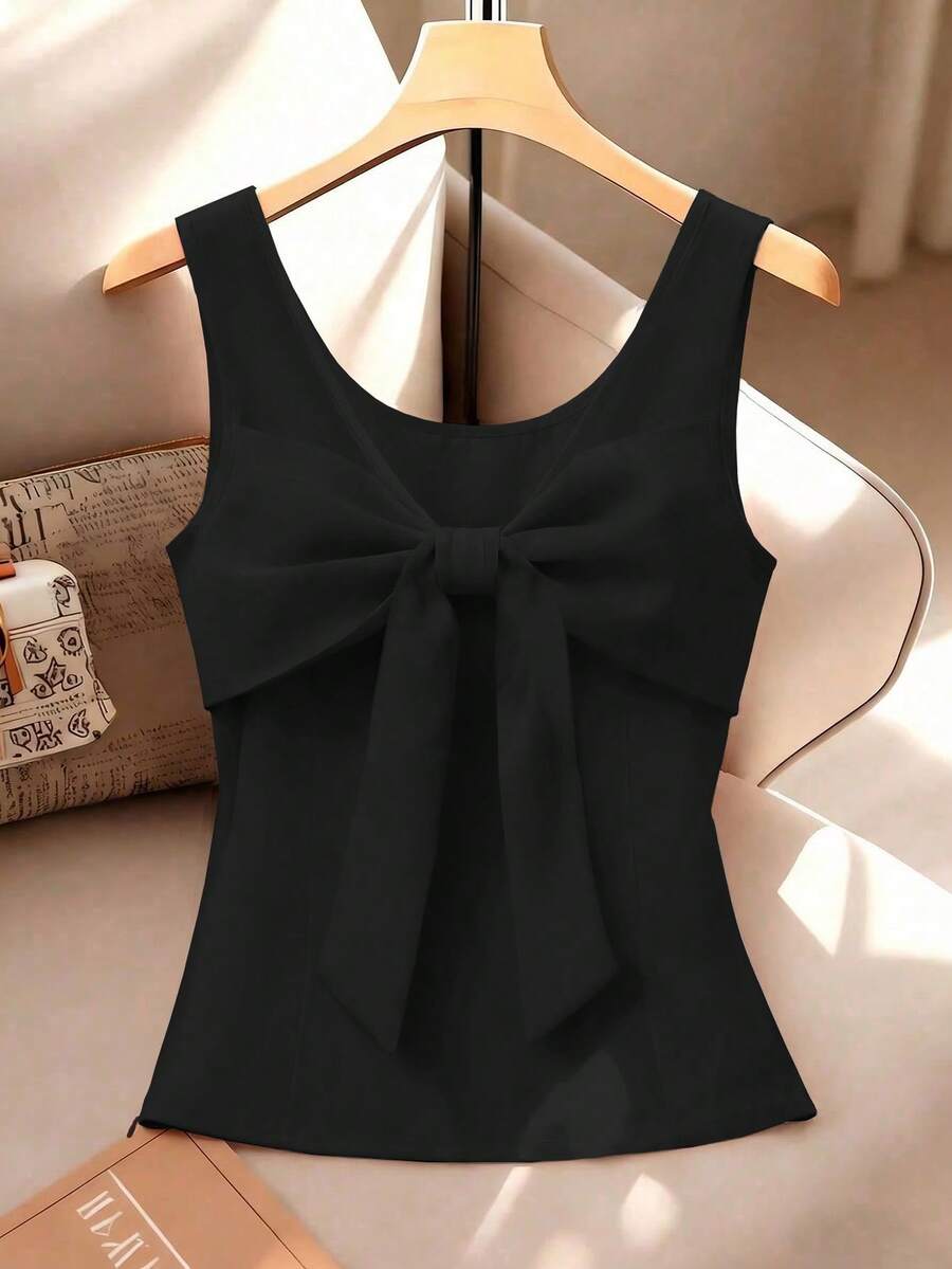 Franclia Áo tank top không tay thắt nơ mới dành cho nữ, áo vest mùa hè ôm dáng, áo công sở thường ngày, áo kiểu thanh lịch, áo thắt nơ màu đen, áo không tay thắt nơ. - màu đen - Xem 1