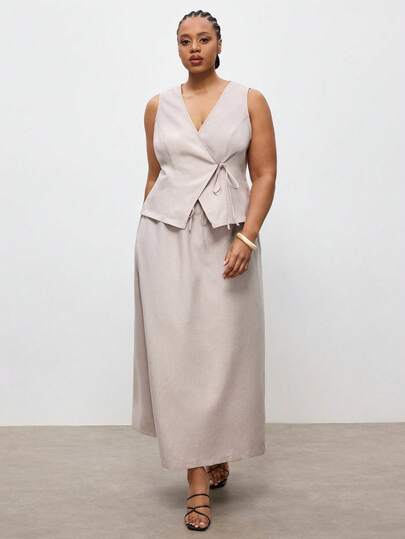 Maija Plus Size Women's Pastel Summer Elegant Everyday Linen 2 Pieces Set Sleeveless Side Tie Waistcoat Maxi Skirt Business Casual Wedding Guest Outfits