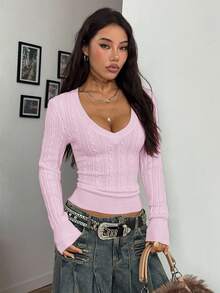 Coolane Women's Winter Vintage Preppy Y2K Daily Wear Going Out Renaissance Fair Club Pink V-Neck Sweater,Fall,Winter - Baby Pink - View 3