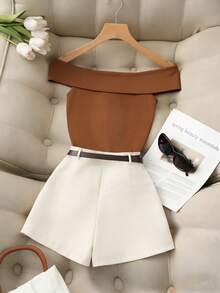 Franclia Women's Elegant 2 Pieces Set,Summer Bandeau Top And Shorts With Belt,All Shades Of Brown,Brunch Casual Office Wear Preppy Style Outfits - Brown - View 2