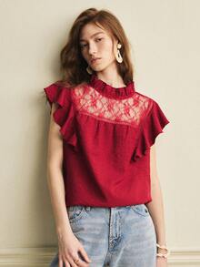 Écloséra 女士法式休闲百搭通勤蕾丝荷叶边拼接衬衫，春夏款 - 酒紅色 - 查看 3