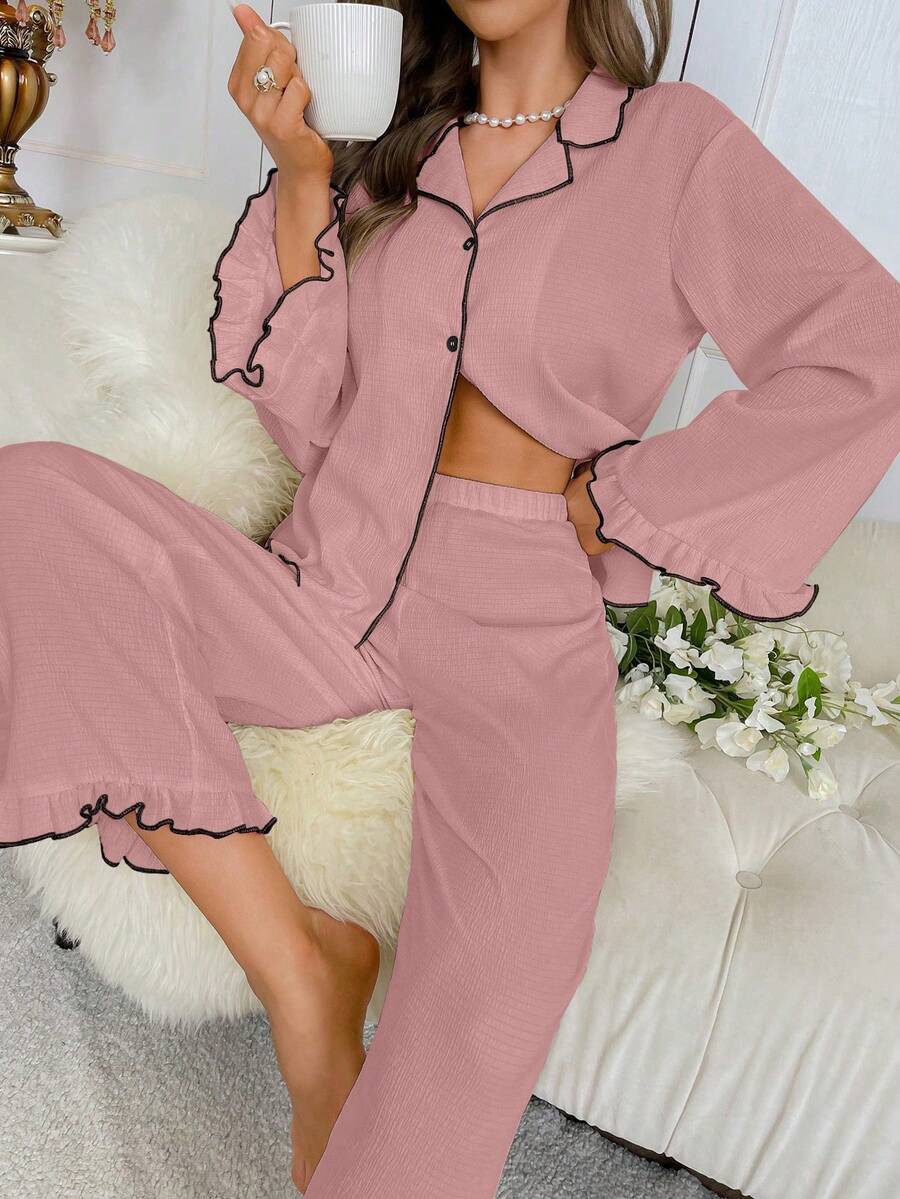 Women's Contrast Trim Button Front Long Sleeve Top And Elastic Waist Pants Pajama Set - Pink - View 1