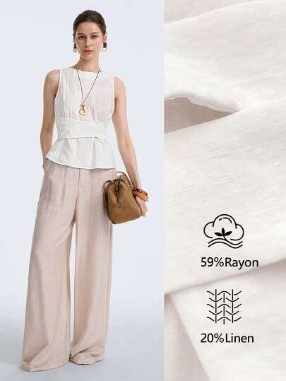 Aalyst Áo kiểu nữ màu trắng pha vải lanh, cổ tròn, eo điều chỉnh được, vạt chéo phía trước, dáng chữ A, không tay, thanh lịch kiểu Pháp lãng mạn cổ điển, thích hợp cho công sở, đi làm, đi biển, nghỉ dưỡng, tối giản, đa năng, bộ sưu tập Xuân/Hè mới.