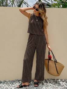 SHEIN Frenchy Women's Striped Print Camisole And Pants Casual 2 Pieces Set - Brown - View 3