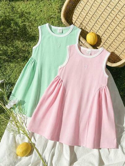 Summer Outfits,Squishy,Young Girl Heart Print Round Neck Sleeveless Casual Dress, Sleeveless Pink Dress Girls, Young Girl Sleeveless Dress, Pink Dress For Kids, Girls Sleeveless Aline Dress, Toddler Girl, Princess