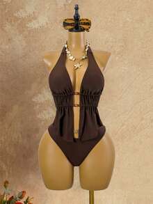 Slaydiva Áo tắm tankini hai dây cho nữ với váy ngắn lưới, đồ bơi gợi cảm cho kỳ nghỉ biển, hẹn hò, mùa xuân/hè. - màu nâu - Xem 4