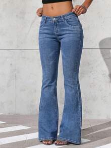 Jeanoix 女士星形刺绣水钻低腰弹力修身水洗喇叭牛仔裤 - 中等水洗藍 - 查看 3