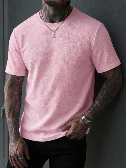 Core Aspect Stylish Men's Round Neck Pink T-Shirt With Textured Fabric Short Sleeves/Stylish Men's Round Neck Pink T-Shirt With Textured Fabric Short Sleeves/Pink Tops For Men/Pink Short Sleeve Casual Men/Mens Pink Clothing