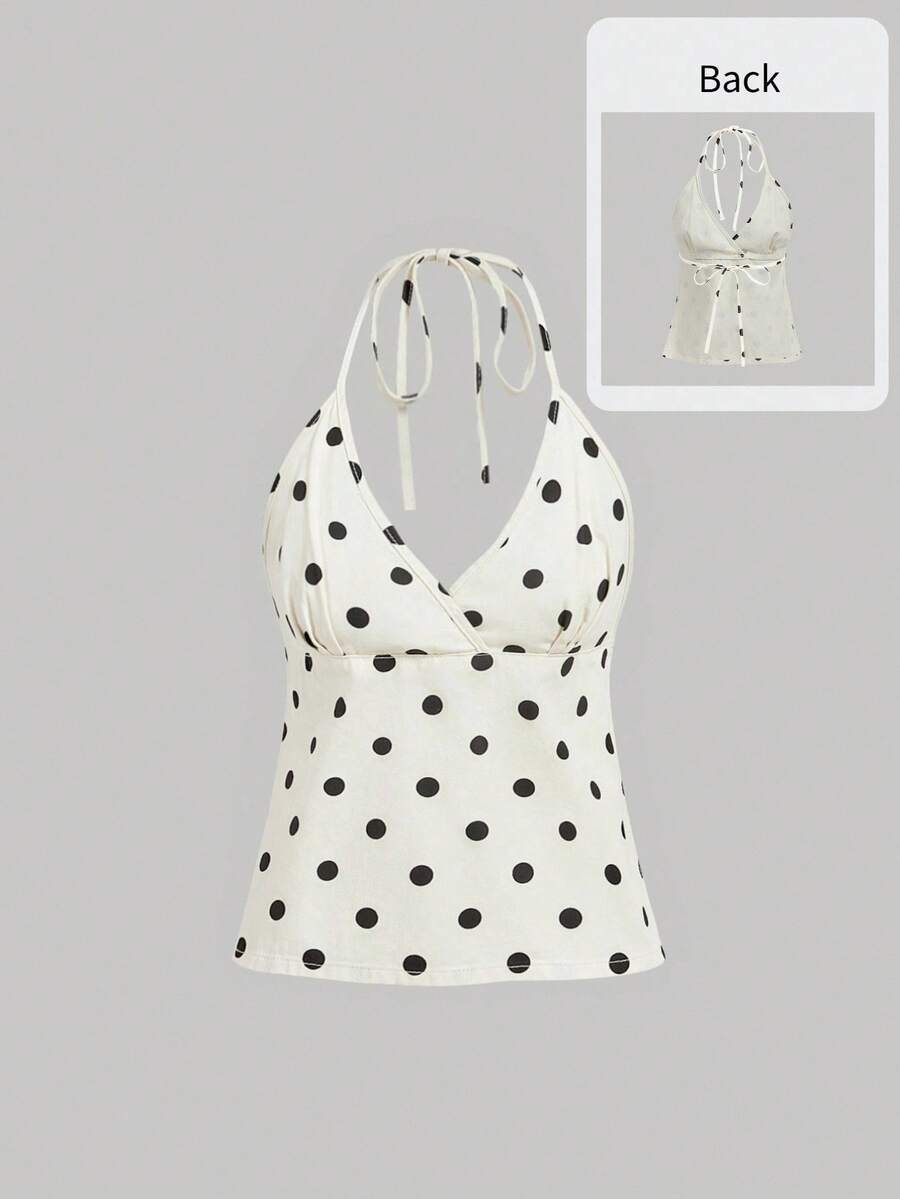 SHEIN MOD Blusa de mezclilla con estampado de lunares y escote halter sin espalda para mujer - Multicolor - Ver 1